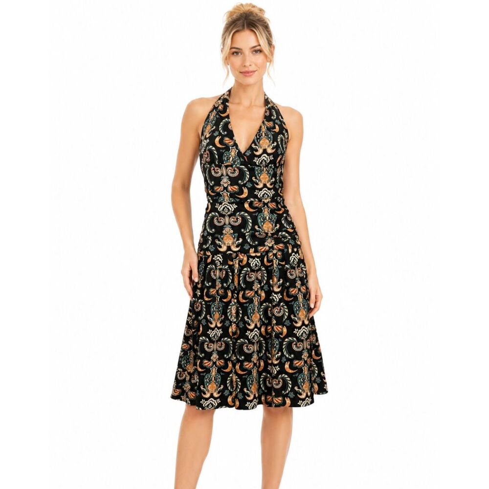 Nicole Miller Collection Archival 92% Silk Stretch Halter Midi Damask Dress Sz 4